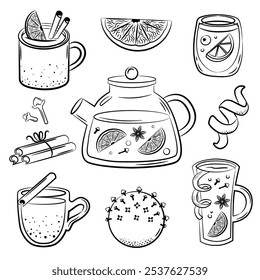 Winter drinks. Mulled wine ingredients. Punch in cup, mug, pot. Red wine, citrus, spices. Vector sketch style set.