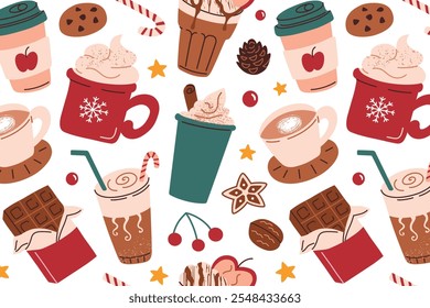 Winter drinks pattern. Vector illustration in flat cartoon style. Coffee cups, cocoa, hot chocolate doodle, and seasonal desserts. Perfect for Christmas, winter holidays and cozy themed designs