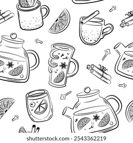 Winter drinks seamless pattern. Mulled wine and ingredients. Punch in cup, glass, teapot, fruit. Vector sketch background.