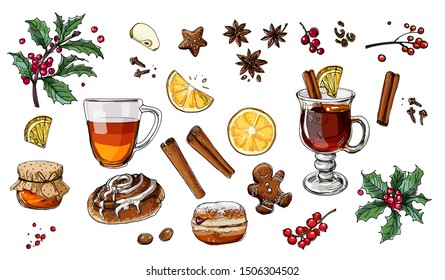 Winter drinks skeleton meal on a white background. Christmas food, mulled wine, buns, holly. Drink and sweets. Cup of coffee top view, bun, plate.