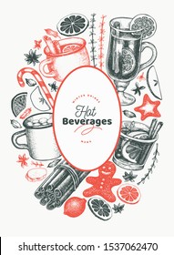 Winter drinks vector design template. Hand drawn engraved style mulled wine, hot chocolate, spices illustrations. Retro Christmas background.