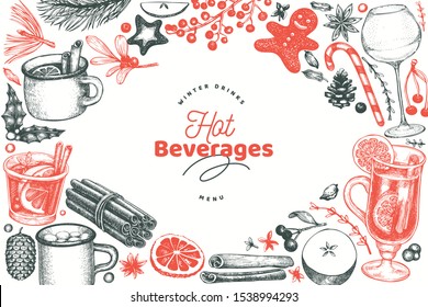 Winter drinks vector design template. Hand drawn engraved style mulled wine, hot chocolate, spices illustrations. Retro Christmas background.