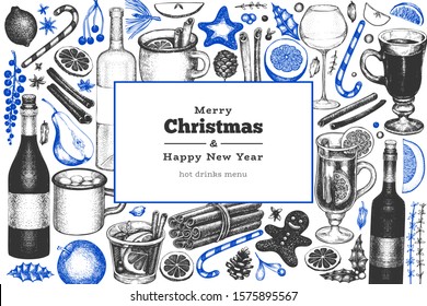 Winter drinks vector design template. Hand drawn engraved style mulled wine, hot chocolate, spices illustrations. Vintage Christmas background.