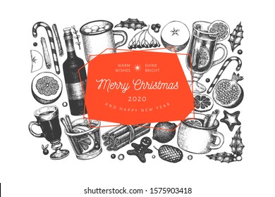 Winter drinks vector design template. Hand drawn engraved style mulled wine, hot chocolate, spices illustrations. Vintage christmas background.