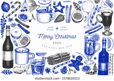 Winter drinks vector design template. Hand drawn engraved style mulled wine, hot chocolate, spices illustrations. Vintage Christmas background.