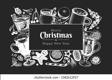 Winter drinks vector design template. Hand drawn engraved style mulled wine, hot chocolate, spices illustrations on chalk board. Retro Christmas background.