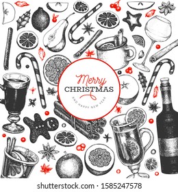 Winter drinks vector design template. Hand drawn engraved style mulled wine, hot chocolate, spices illustrations. Vintage christmas background.