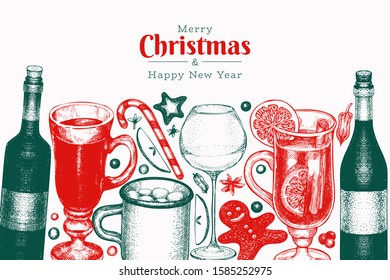 Winter drinks vector design template. Hand drawn engraved style mulled wine, hot chocolate, spices illustrations. Vintage Christmas background.