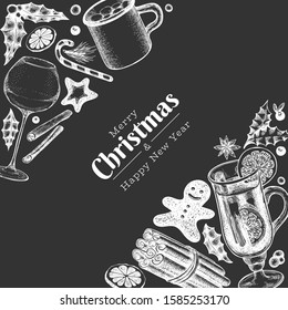 Winter drinks vector design template. Hand drawn engraved style mulled wine, hot chocolate, spices illustrations on chalk board. Retro Christmas background.