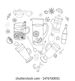 Winter Drinks Vector set, 31 elements. Hand drawn doodle clipart, vector illustration. Collection of different kitchen utensils, jar, spice, decorative elements, isolated on white background