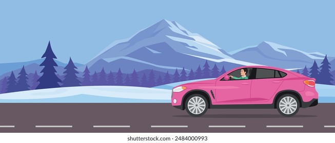 Conducción de invierno. Conducir un coche en un viaje por carretera en invierno. Viaje a las montañas para unas vacaciones en vacaciones. Viaje en una Ilustración vectorial de la temporada de esquí y snowboard.