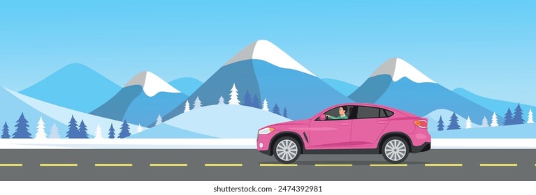 Winter drive. Winter mountain landscape with pink car rolling on road vector illustration.