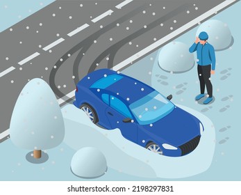 Composición isométrica del accidente de derivación de coche de conducción en invierno con paisaje de nieve al aire libre y el coche se ha ido de la ilustración del vector de carretera