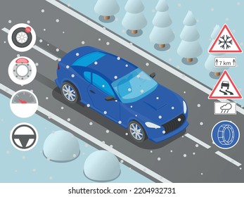 Infografía isométrica del accidente de deriva del coche de conducción en invierno con vistas al coche en la autopista nevada con pictogramas ilustración vectorial