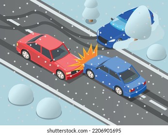 Winter Driving Car Drift Accident Isometric Composition With View Of Snowy Motorway With Traffic Car Crash Vector Illustration