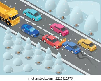 Winter driving car drift accident isometric composition with birds eye view of suburban motorway with traffic vector illustration