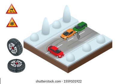 Winter Driving and road safety. The car rides on a slippery road. Urban transport. Chains snow on the wheel Can be used for advertisement, infographics, game or mobile apps icon.