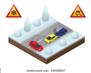 Winter Driving and road safety. The car rides on a slippery road. Urban transport. Can be used for advertisement, infographics, game or mobile apps icon. 