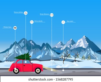 Winter Driving Tips Concept. Vector Of Red Retro Car Driving In Snowy Mountains On Christmas Season 