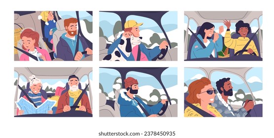 Winter driving trip. People inside car traveling on snow highway, family wanderlust senior couple driving xmas holiday in cold road automotive adventures classy vector illustration of car road travel