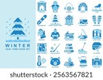 Winter dual tone blue color icons set. contain fireplace, penguin, earmuffs, snowboard, snow covered trees, snowplow, snowshoes and more. use for modern concept, web and app development. Vector EPS 10