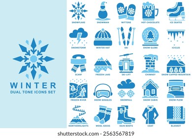 winter dual tone blue color icons set. contain snowflake, snowman, ice skates, scarf, ski lift, snow globe, icicles, blanket and more. use for modern concept, web and app development. Vector EPS 10