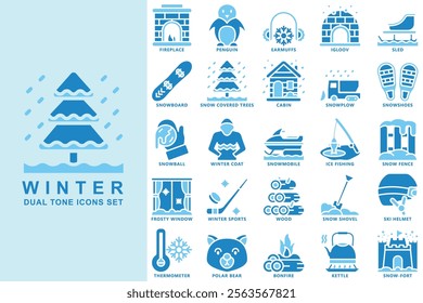 Winter dual tone blue color icons set. contain fireplace, penguin, earmuffs, snowboard, snow covered trees, snowplow, snowshoes and more. use for modern concept, web and app development. Vector EPS 10