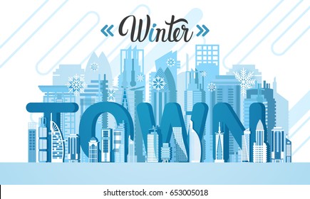 Winter Dubai City Skyscraper View Silhouette Cityscape Background Skyline Vector Illustración