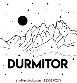 Winter Durmitor, mountains in Montenegro. Vector black and white illustration. Print design. Snow in mountains. Nature. Adventure, camping. Alps