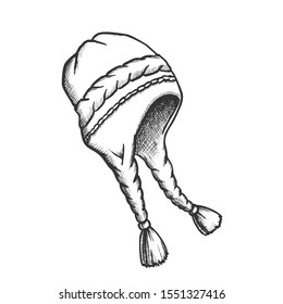 Winter Earflap Hat Seasonal Cloth Retro Vector. Knit Hat Warm Wearing Accessory For Woman Protection Health Engraving Concept Template Hand Drawn In Vintage Style Black And White Illustration