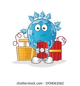 winter earth holding dynamite character. cartoon mascot vector