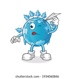 winter earth with paper plane character. cartoon mascot vector