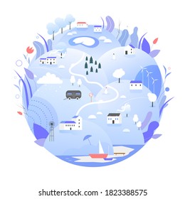 Winter Earth planet vector illustration. Cartoon flat blue globe with nature, rural countryside farmland landscape in wintertime, save earth planet ecology concept, eco Earth Day isolated on white