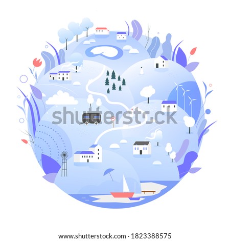 Winter Earth planet vector illustration. Cartoon flat blue globe with nature, rural countryside farmland landscape in wintertime, save earth planet ecology concept, eco Earth Day isolated on white