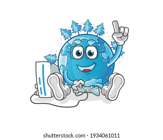 winter earth playing video games vector. cartoon character