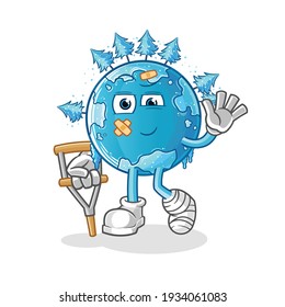 winter earth sick with limping stick character. cartoon mascot vector