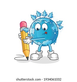 winter earth write with pencil character. cartoon mascot vector