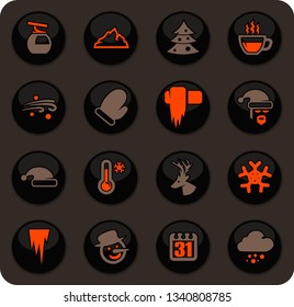 Winter easy color vector icons on dark background for user interface design