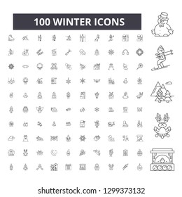 Winter editable line icons, 100 vector set, collection. Winter black outline illustrations, signs, symbols