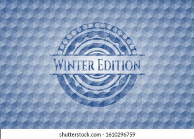 Winter Edition blue emblem or badge with abstract geometric pattern background. Vector Illustration. Detailed.