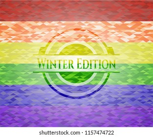 Winter Edition emblem on mosaic background with the colors of the LGBT flag