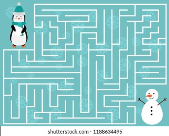 Winter educational maze game for kids. Help the penguin find the right way to the snowman. Christmas and New Year labyrinth. Flat design illustration.