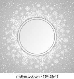 Winter elegant card template with snowflakes and dots. Circle with drop shadow. Christmas and New Year design