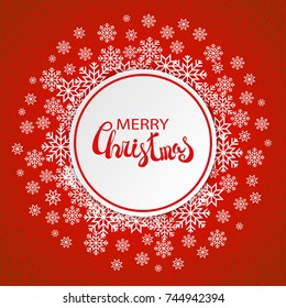 Winter elegant card template with snowflakes and dots. Circle with drop shadow and Merry Christmas lettering text