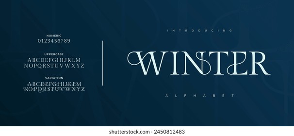 Winter elegante Schriftart Großbuchstaben und Zahlen. Klassischer Schriftzug Minimale Modedesigns. Typografie moderne Serif-Schriftarten regelmäßige dekorative Vintage-Konzept. Vektorillustration