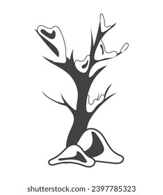 Winter element of black line set. In this striking black-outline artwork with a winter theme, a snowy tree takes center stage, evoking the feeling of a cold season. Vector illustration.