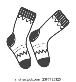 Winter element of black line set. In this winter-themed artwork with bold black outlines, a pair of cozy warm socks takes center stage, inviting to embrace the comfort. Vector illustration.