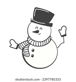 Winter element of black line set. A cute character - a snowman who kindly greets all viewers is depicted in this themed winter illustration with a special style. Vector illustration.