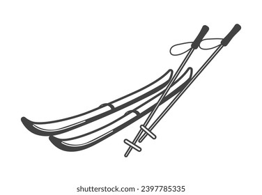 Winter element of black line set. A pair of skis depicted in a black outline is the perfect symbol of the beginning of winter fun. Vector illustration.