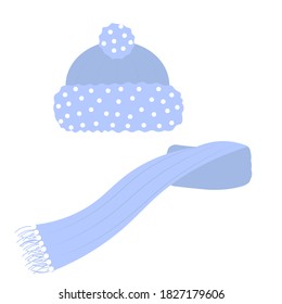 Winter element. Blue female warm hat and scarf. women winter clothes on white background. Cute illustration in flat style. 